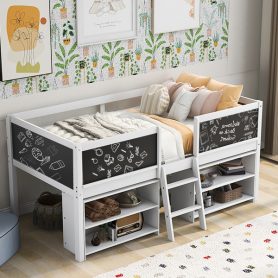 Twin Size Low Loft Bed with Two Movable Shelves and Ladder