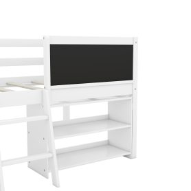 Twin Size Low Loft Bed with Two Movable Shelves and Ladder