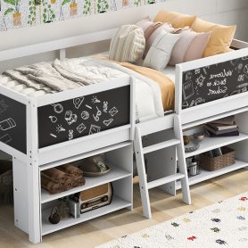 Twin Size Low Loft Bed with Two Movable Shelves and Ladder