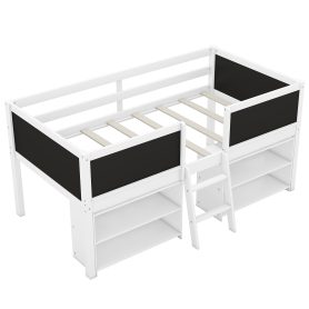 Twin Size Low Loft Bed with Two Movable Shelves and Ladder