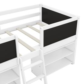 Twin Size Low Loft Bed with Two Movable Shelves and Ladder