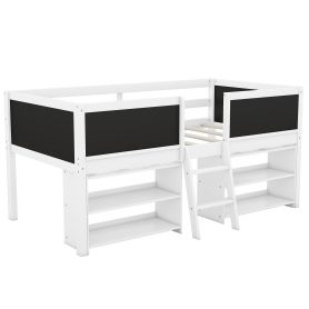 Twin Size Low Loft Bed with Two Movable Shelves and Ladder