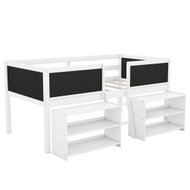 Twin Size Low Loft Bed with Two Movable Shelves and Ladder