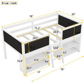 Twin Size Low Loft Bed with Two Movable Shelves and Ladder
