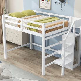 Full Size Loft Bed with Built-in Storage Wardrobe and Staircase