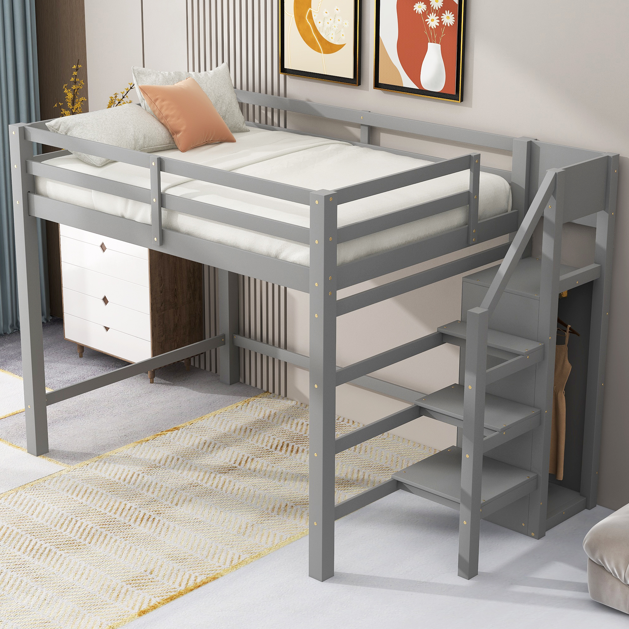 Full Size Loft Bed with Built-in Storage Wardrobe and Staircase