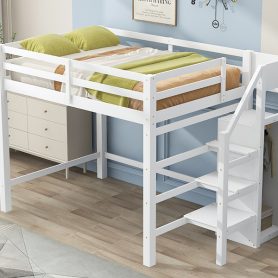 Full Size Loft Bed with Built-in Storage Wardrobe and Staircase