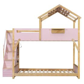 Full over Full House Bunk Bed with Stairs and 3-Color LED Lights