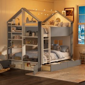Full Size Bunk Bed with Storage Drawers, Shelves and Light Strip