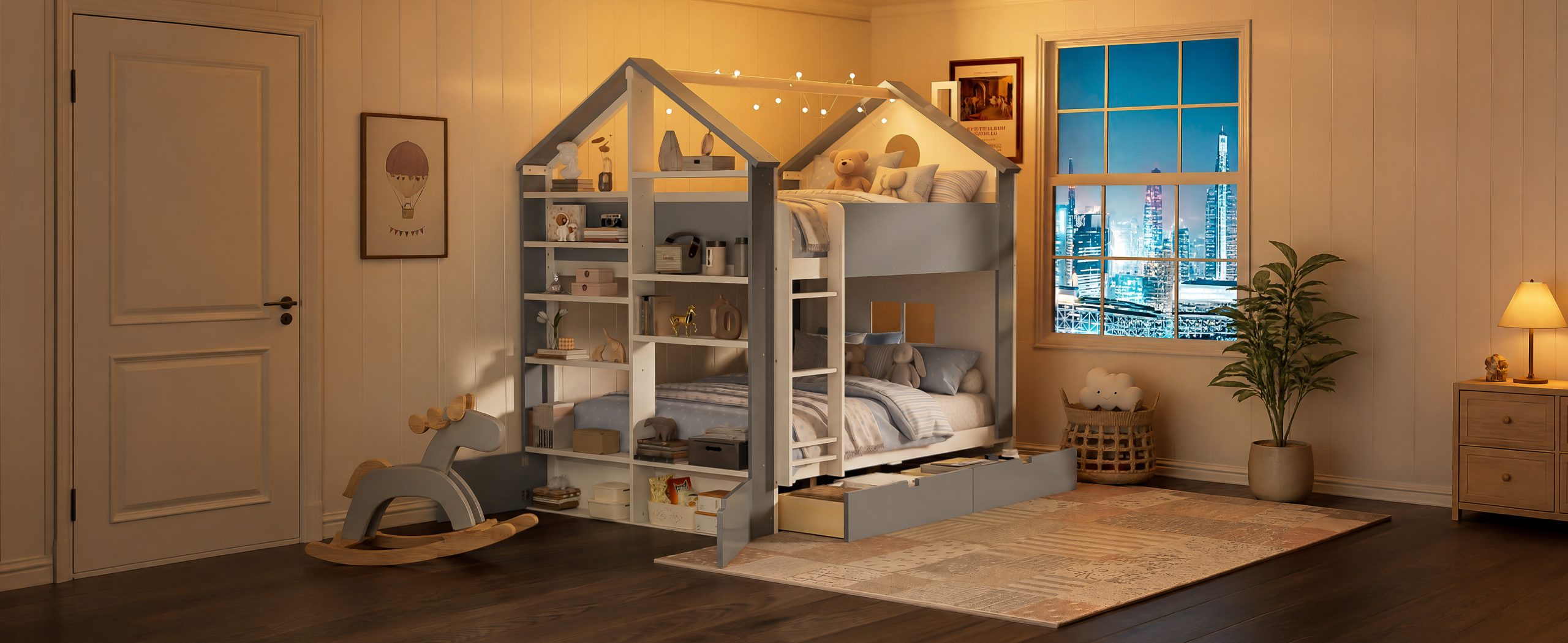 Full Size Bunk Bed with Storage Drawers, Shelves and Light Strip