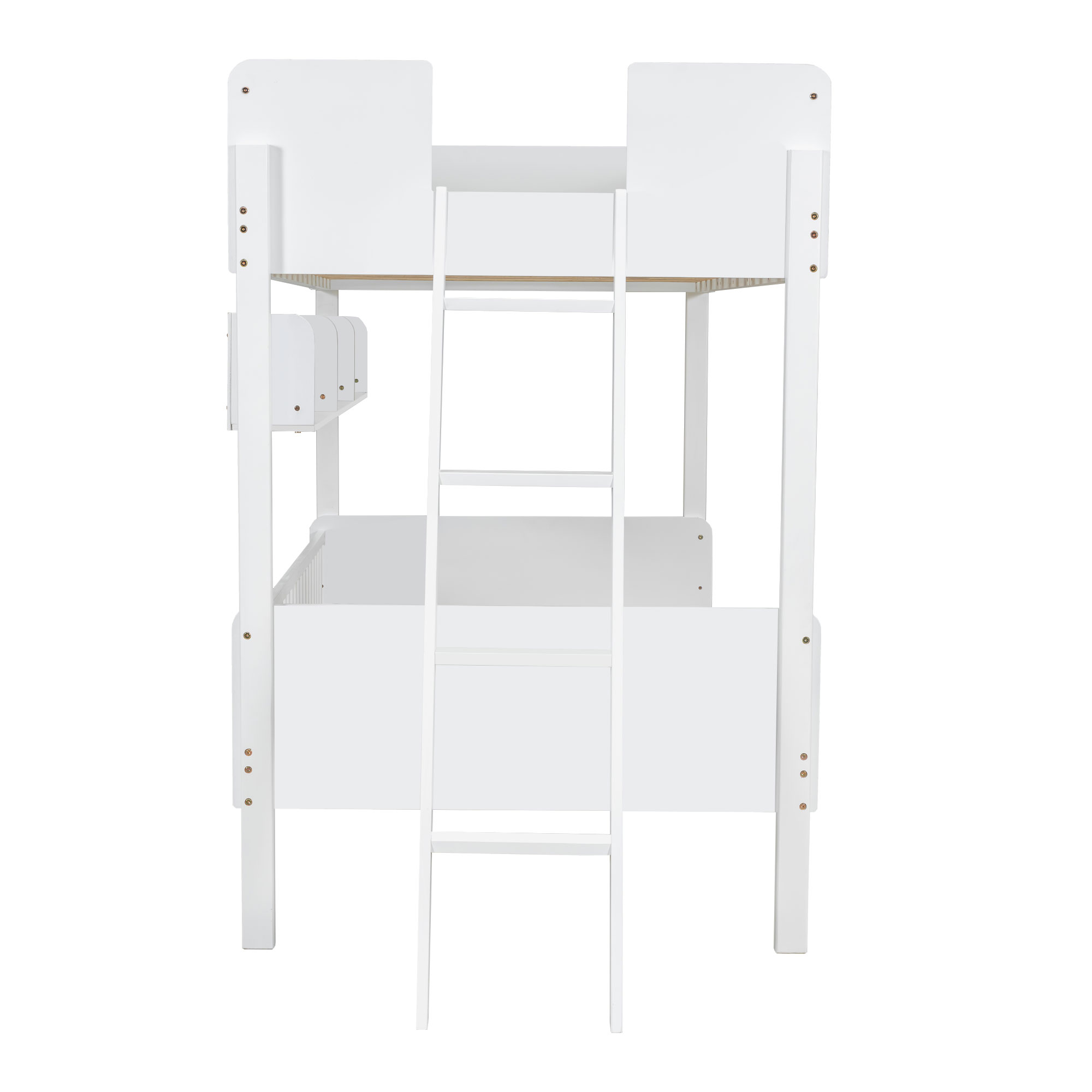 Twin Size Wooden Bunk Bed with 3 Storage Shelves, Ladder can be Changed Left or Right