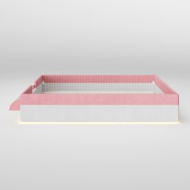 King Size Upholstered Floor Bed with Fence, 2-Tier Steps and Smart LED Lights
