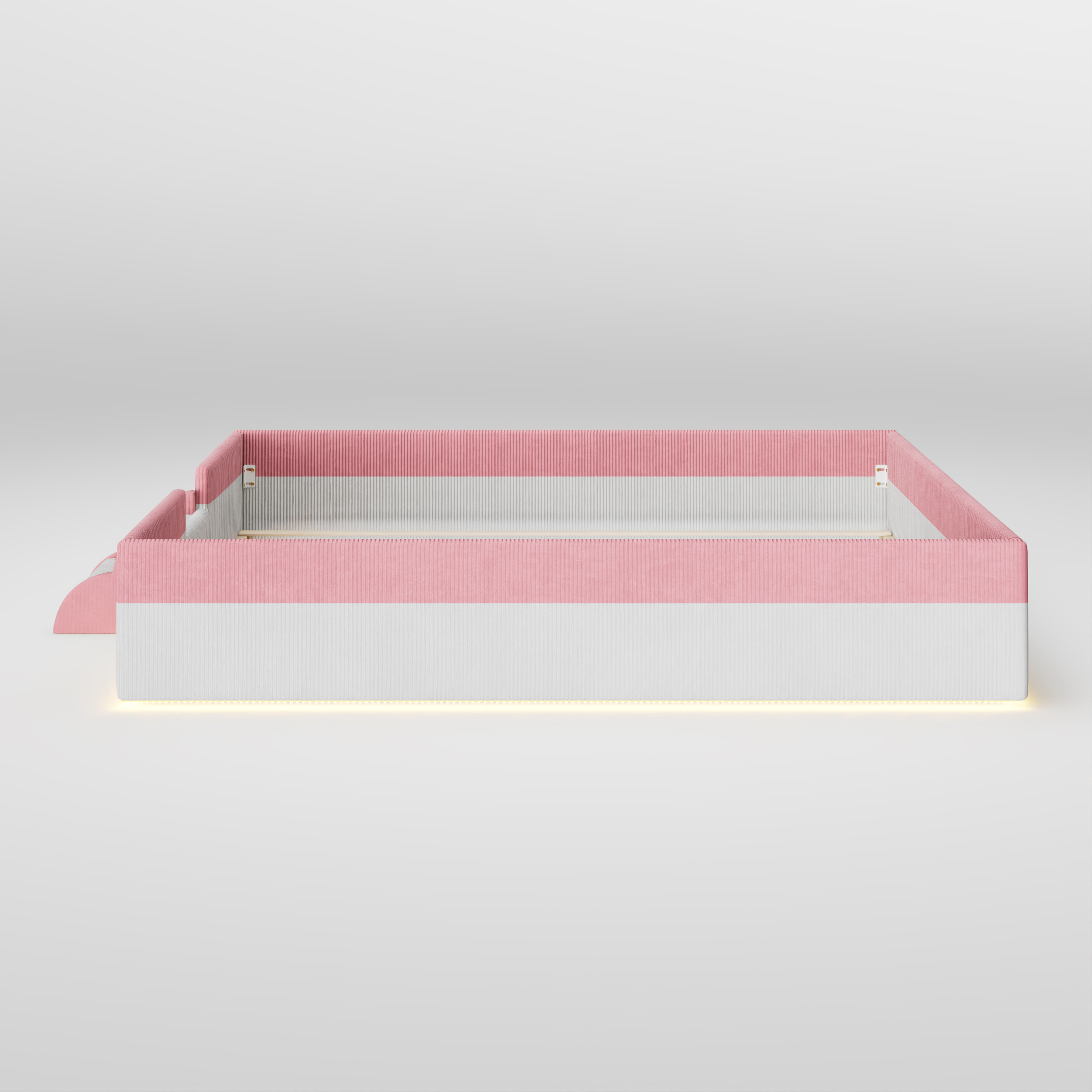 King Size Upholstered Floor Bed with Fence, 2-Tier Steps and Smart LED Lights