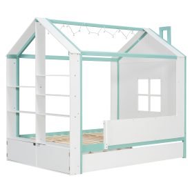 Full Size House Bed Frame with Pull-Out Trundle, Tail End Storage Shelves and Cool White LED Lights