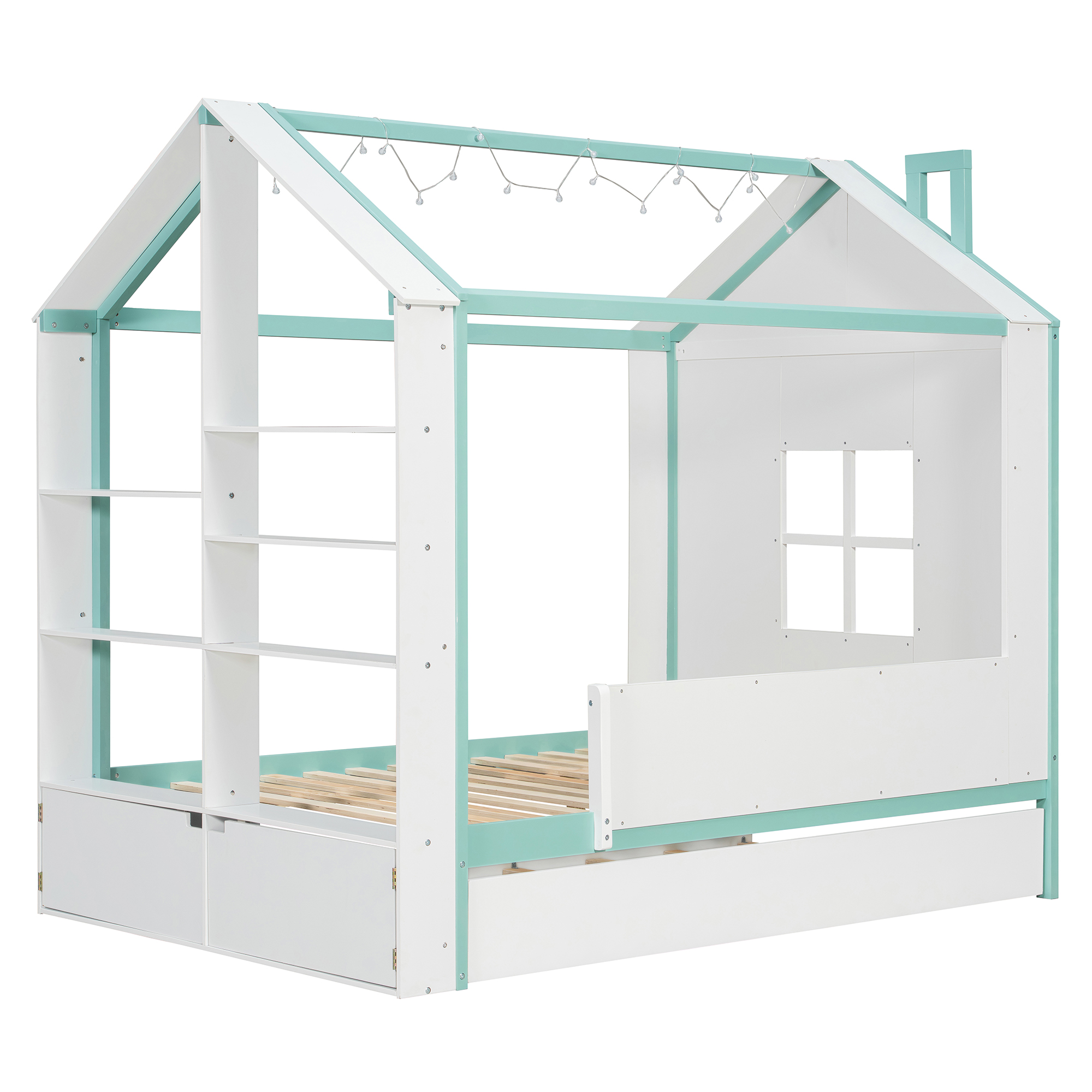 Full Size House Bed Frame with Pull-Out Trundle, Tail End Storage Shelves and Cool White LED Lights