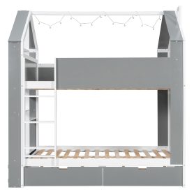 Full Size Bunk Bed with Storage Drawers, Shelves and Light Strip