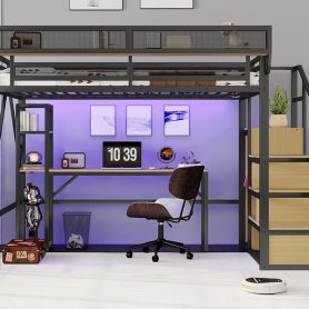 Metal Loft Bed with Stairs, Wardrobe, Charging Station, and LED Lighting