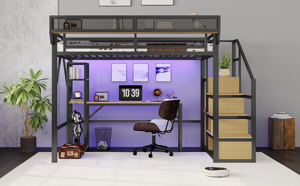 Metal Loft Bed with Stairs, Wardrobe, Charging Station, and LED Lighting