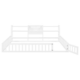 Queen Size Floor Fence Bed Frame with Bookcase and 3-Tier Storage Shelves