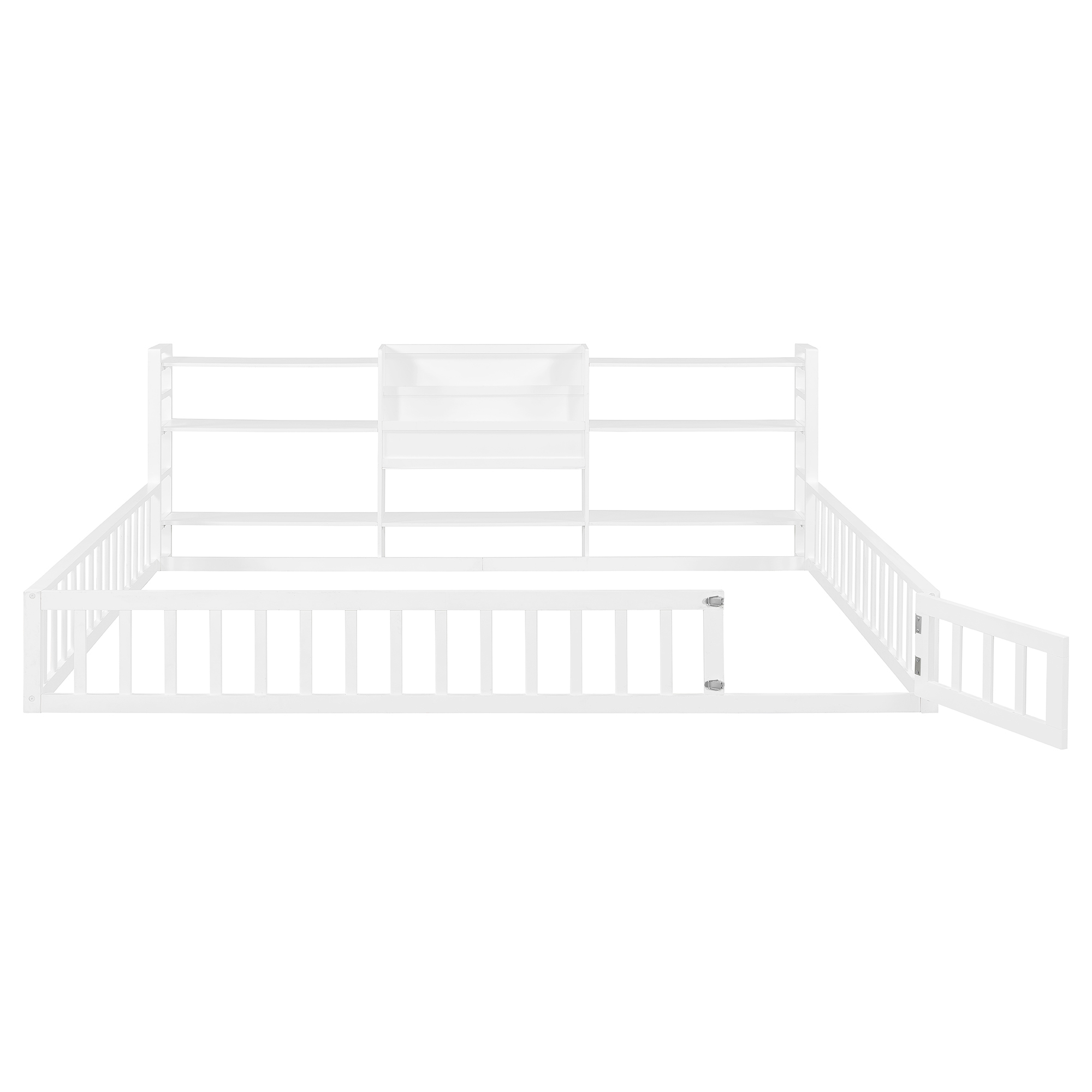 Queen Size Floor Fence Bed Frame with Bookcase and 3-Tier Storage Shelves