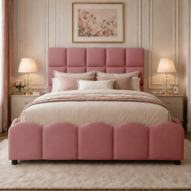 Full Size Fully Upholstered Velvet Platform Bed Frame With Tall Panel Headboard