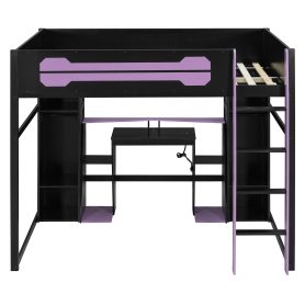 Full-Size Wooden Gaming Loft Bed with Desk and Storage, RGB LED Light, USB Charging Station