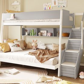 Full XL over Queen Bunk Bed with Striped-Design Staircase and Side Shelves