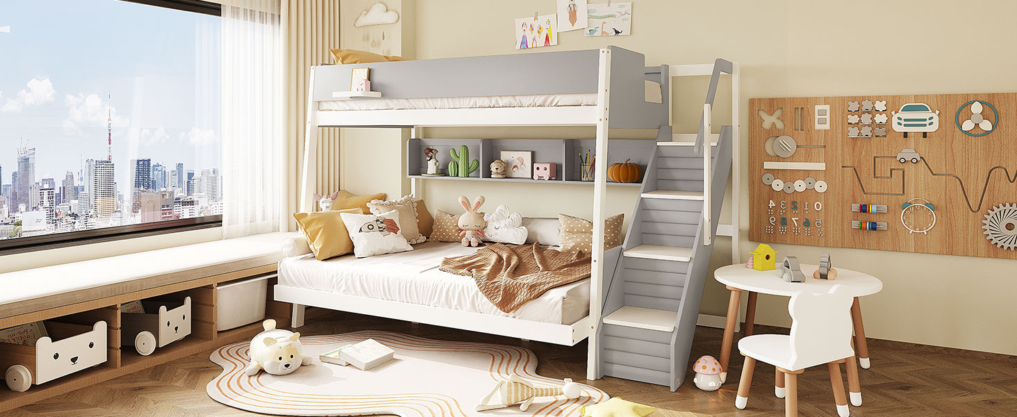 Full XL over Queen Bunk Bed with Striped-Design Staircase and Side Shelves