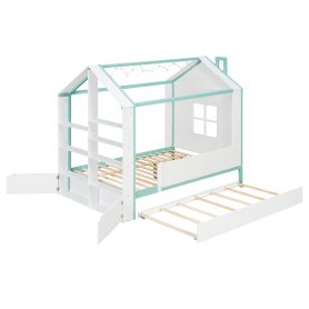 Full Size House Bed Frame with Pull-Out Trundle, Tail End Storage Shelves and Cool White LED Lights