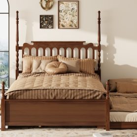 Queen Size Platform Bed Frame with Twin XL Trundle and 2 Storage Drawers