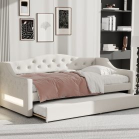Upholstered Twin XL Size Daybed with LED Belt and Trundle
