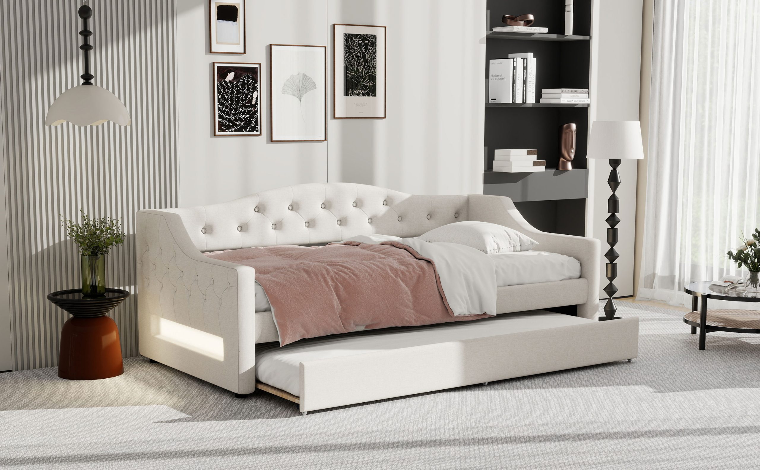 Upholstered Twin XL Size Daybed with LED Belt and Trundle