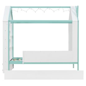Twin Size House Bed Frame with Pull-Out Trundle, Tail End Storage Shelves and Cool White LED Lights
