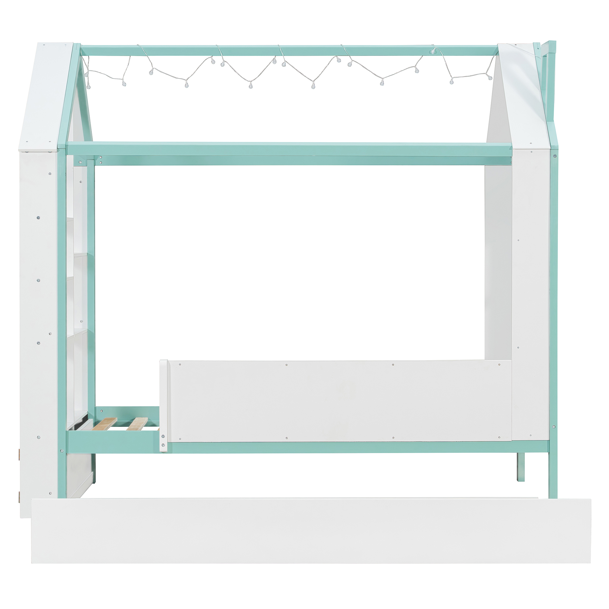 Twin Size House Bed Frame with Pull-Out Trundle, Tail End Storage Shelves and Cool White LED Lights