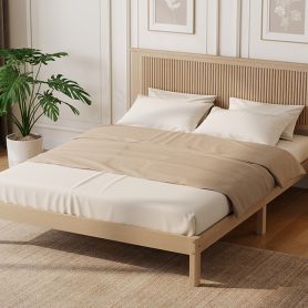 Queen Size Solid Rubber Wood Bed with Wave-Styled Headboard