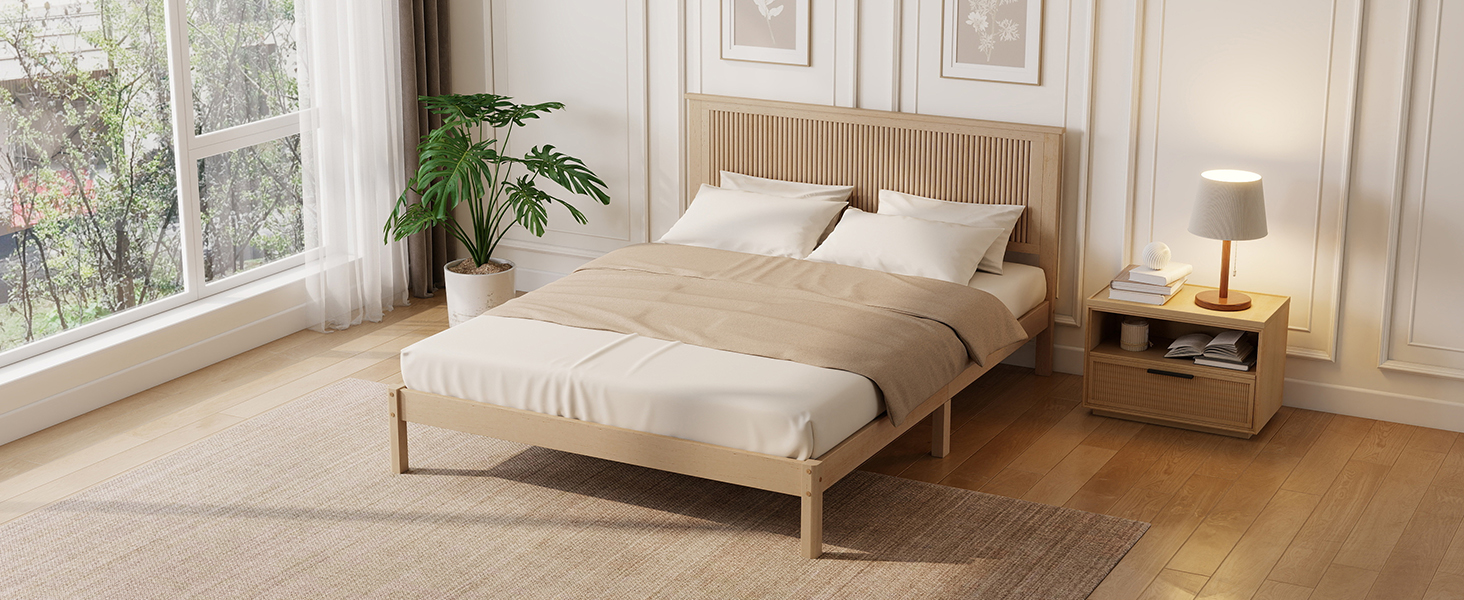 Queen Size Solid Rubber Wood Bed with Wave-Styled Headboard