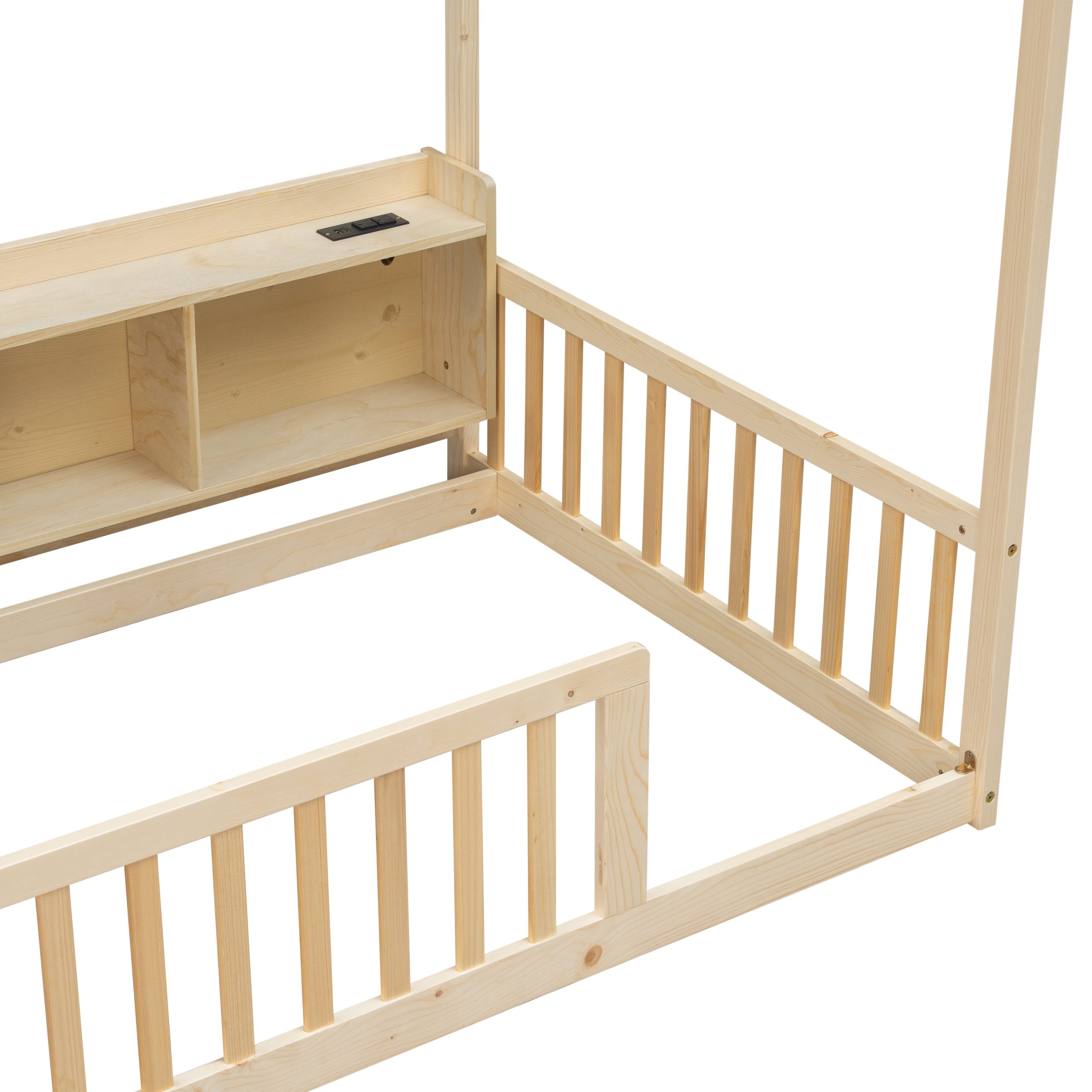 Twin House Floor Bed with Storage Shelves, Built-in LED Lights & Charging Station