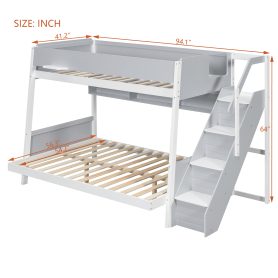 Twin over Full Bunk Bed with Striped-Design Staircase and Side Shelves