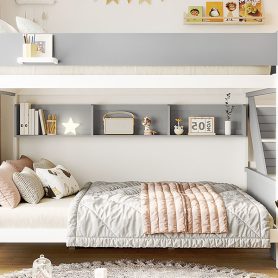 Twin over Full Bunk Bed with Striped-Design Staircase and Side Shelves
