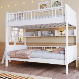 Twin Size Wooden Bunk Bed with 3 Storage Shelves, Ladder can be Changed Left or Right