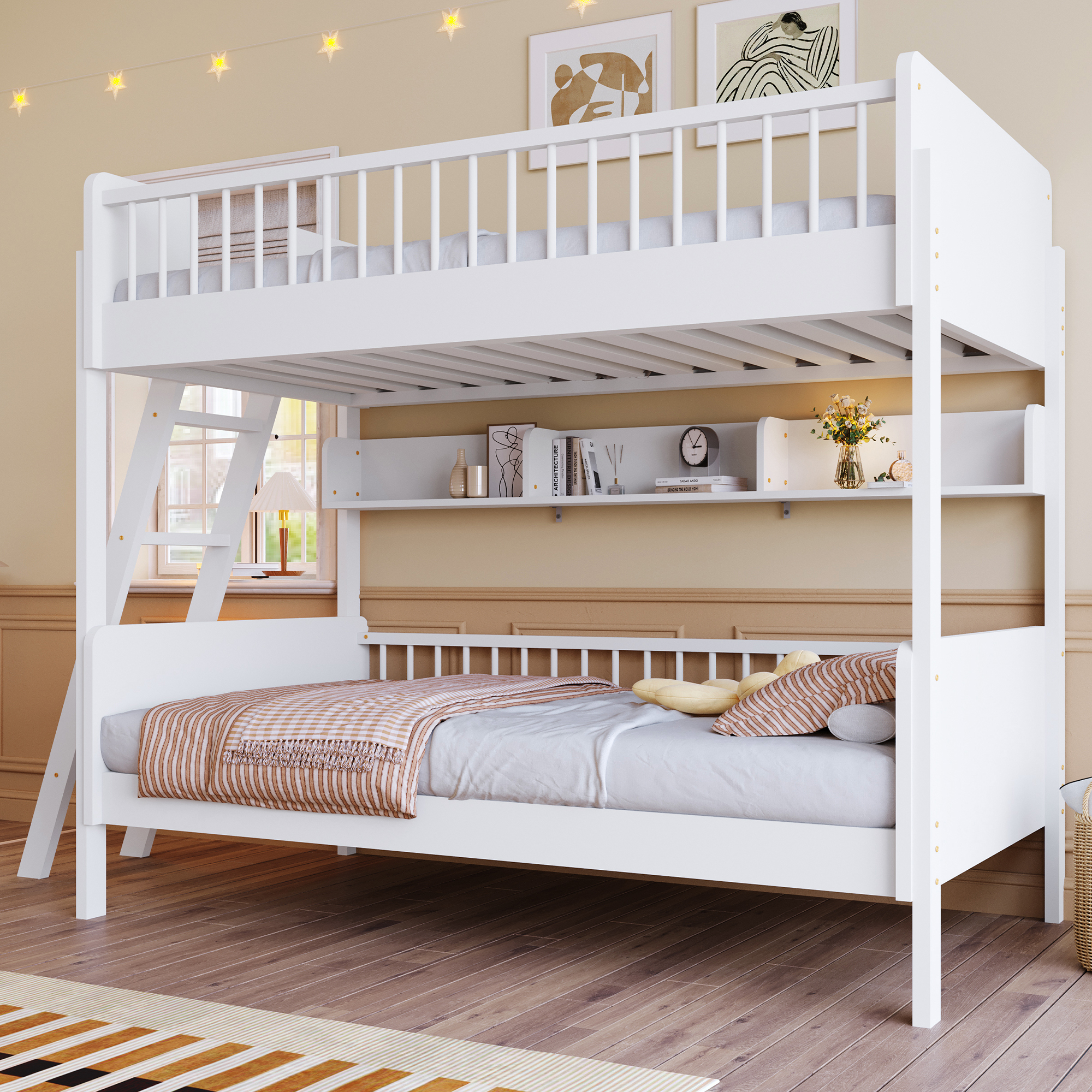 Twin Size Wooden Bunk Bed with 3 Storage Shelves, Ladder can be Changed Left or Right