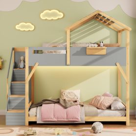 Twin over Twin House Bunk Bed with Stairs and 3-Color LED Lights
