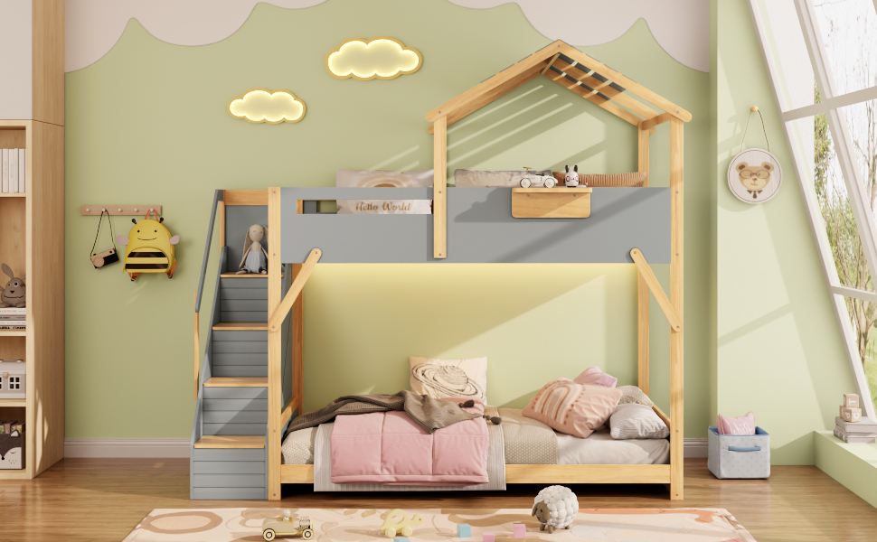 Twin over Twin House Bunk Bed with Stairs and 3-Color LED Lights