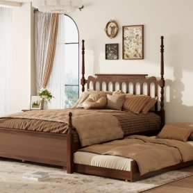 Queen Size Platform Bed Frame with Twin XL Trundle and 2 Storage Drawers