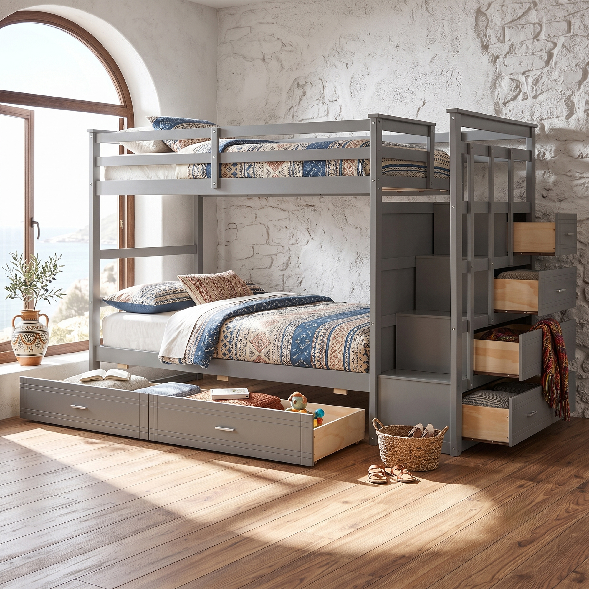 Twin Over Twin Bunk Bed with 2 Drawers and Staircase
