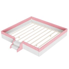 King Size Upholstered Floor Bed with Fence, 2-Tier Steps and Smart LED Lights