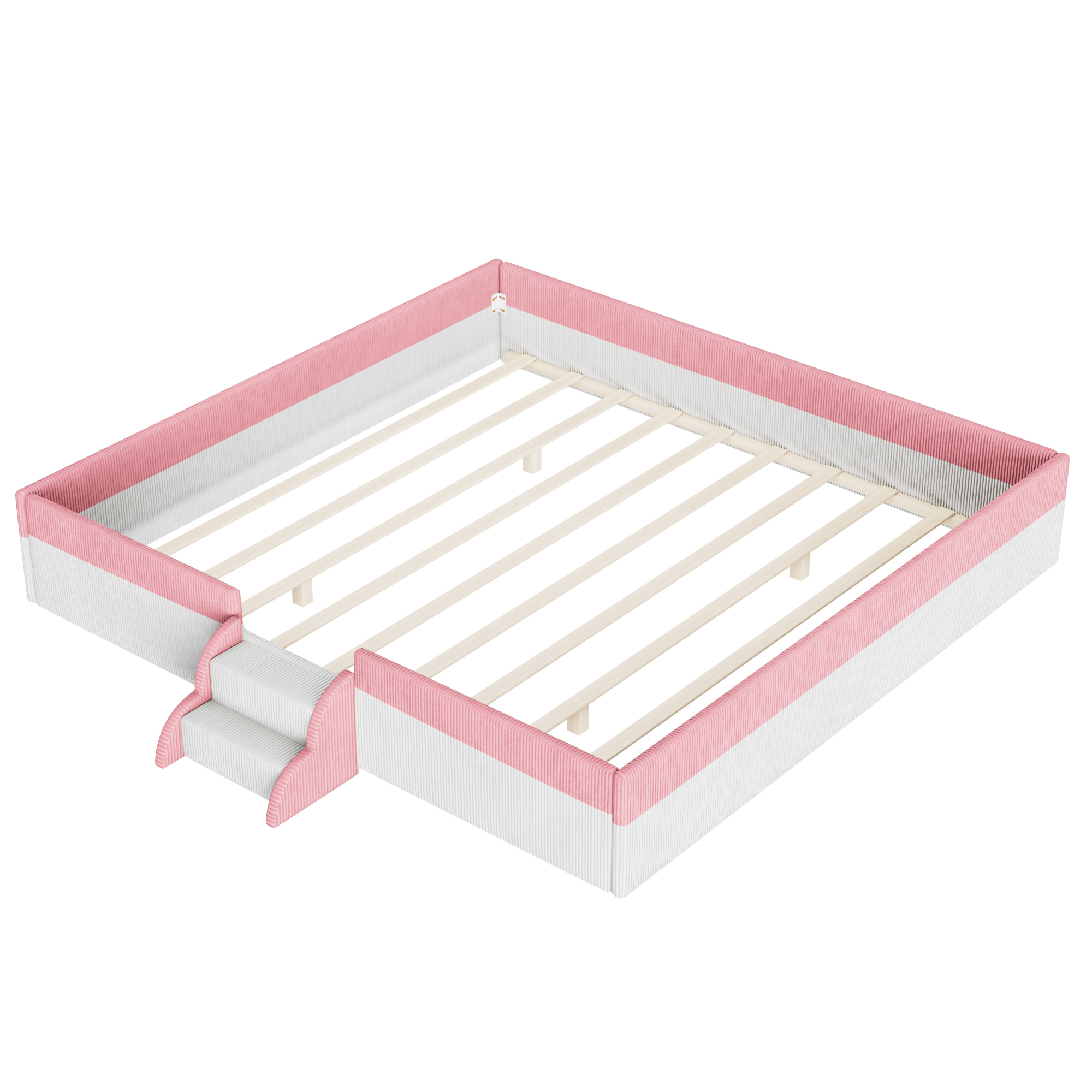 King Size Upholstered Floor Bed with Fence, 2-Tier Steps and Smart LED Lights