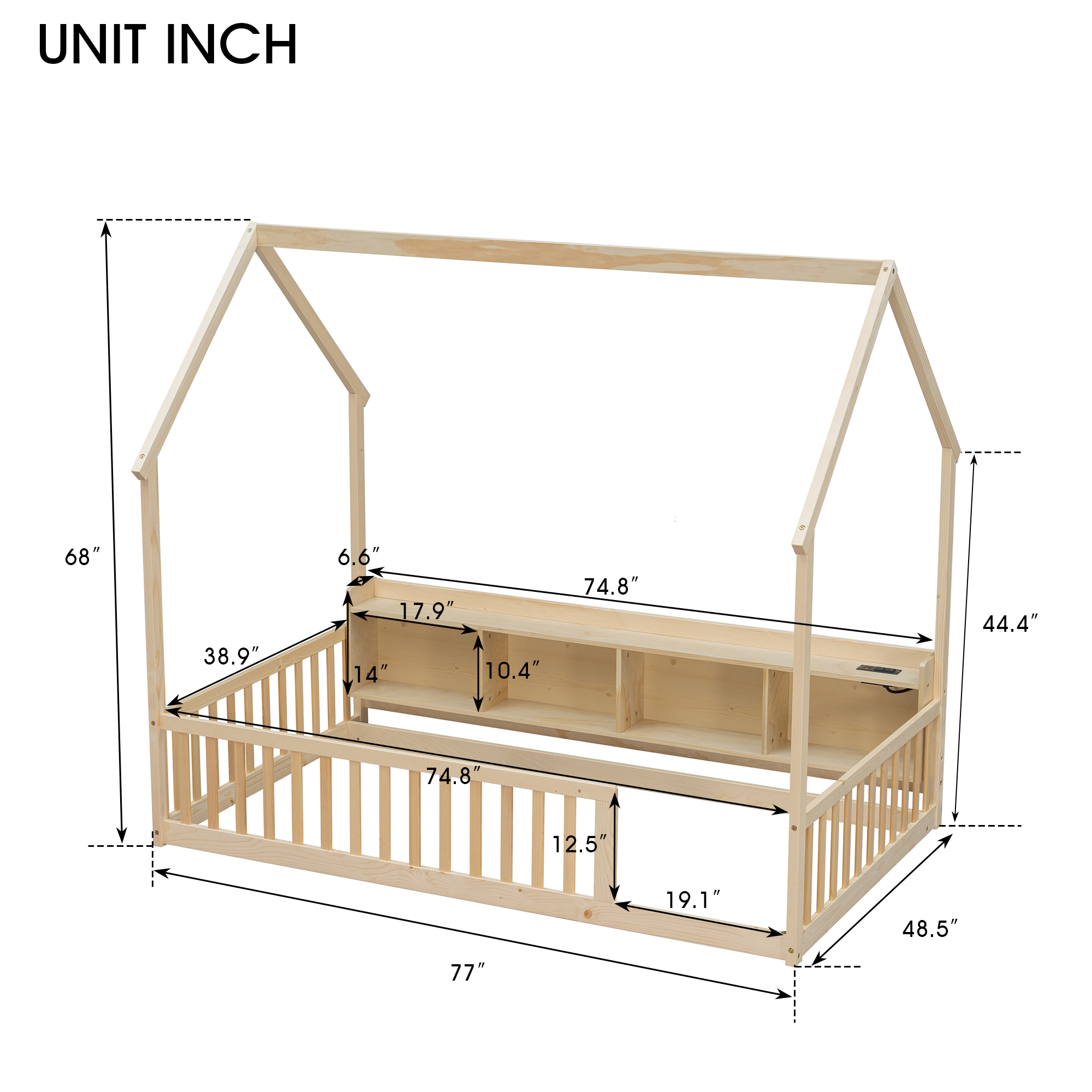 Twin House Floor Bed with Storage Shelves, Built-in LED Lights & Charging Station