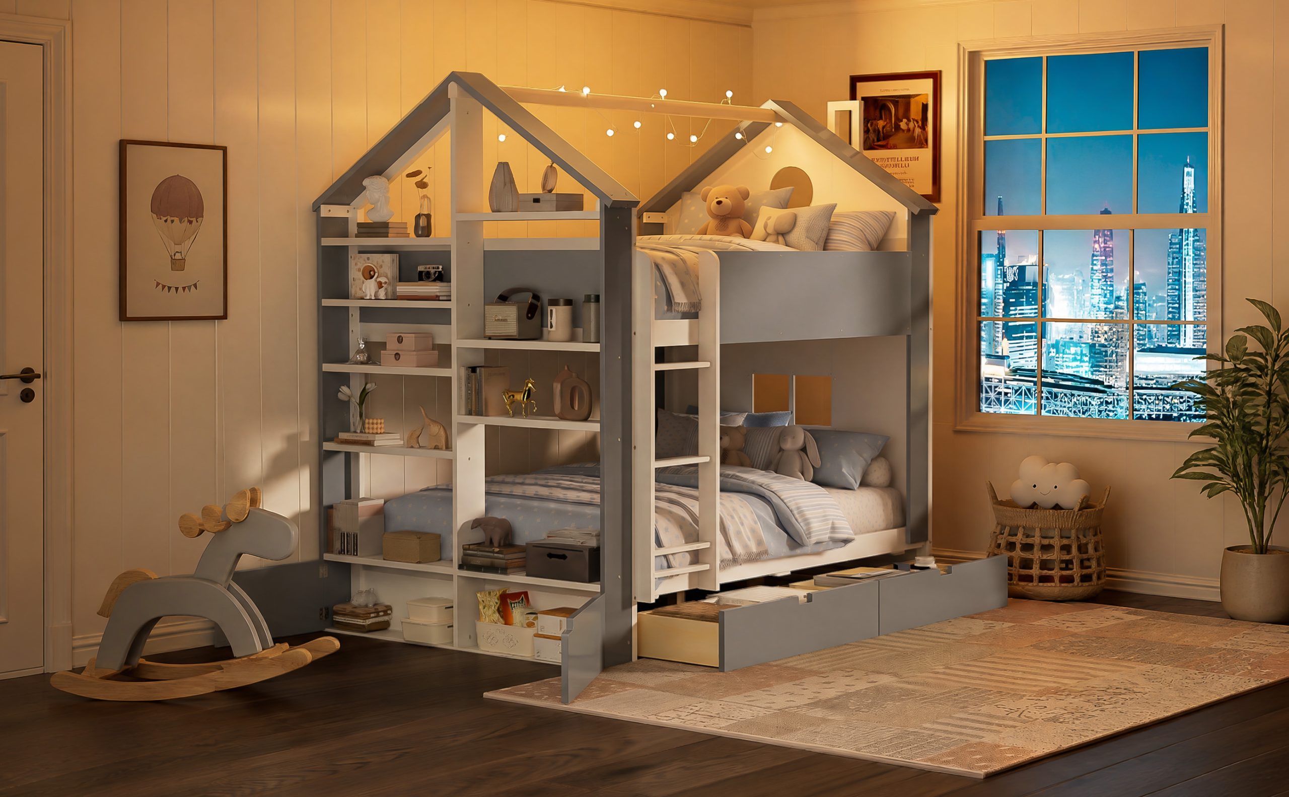Full Size Bunk Bed with Storage Drawers, Shelves and Light Strip
