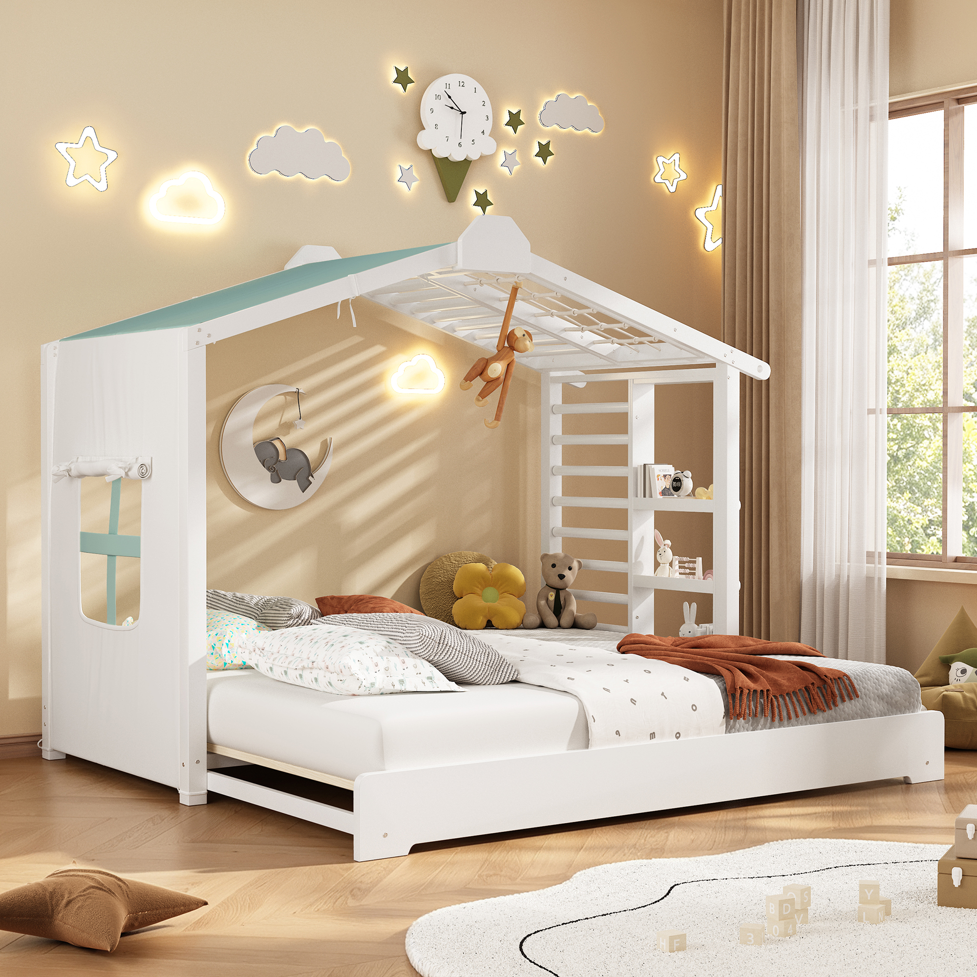Twin Size House Bed with Twin Size Trundle and Side Shelves